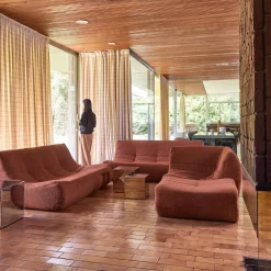 Sofá de canto modular com apoio para os pés em tecido bouclé, 7 lugares