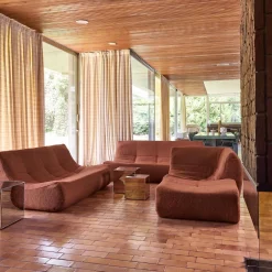 Sofá de canto modular com apoio para os pés em tecido bouclé, 7 lugares