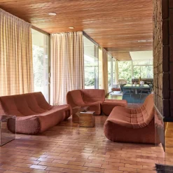 Sofá de canto modular com apoio para os pés em tecido bouclé, 7 lugares