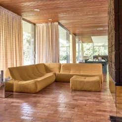 Sofá de canto modular com apoio para os pés em tecido bouclé, 7 lugares