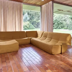 Sofá de canto modular com apoio para os pés em tecido bouclé, 7 lugares