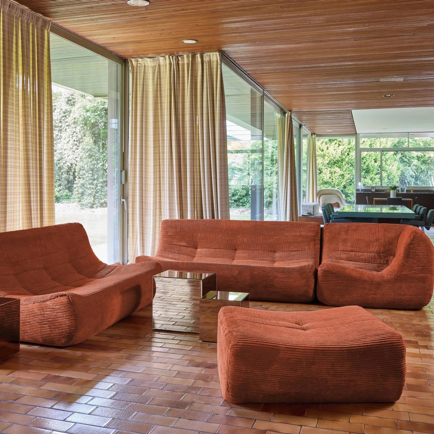 Sofá de canto modular com apoio para os pés em veludo canelad, 7 lugares
