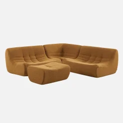 Sofá de canto modular com apoio para os pés em tecido bouclé, 5 lugares