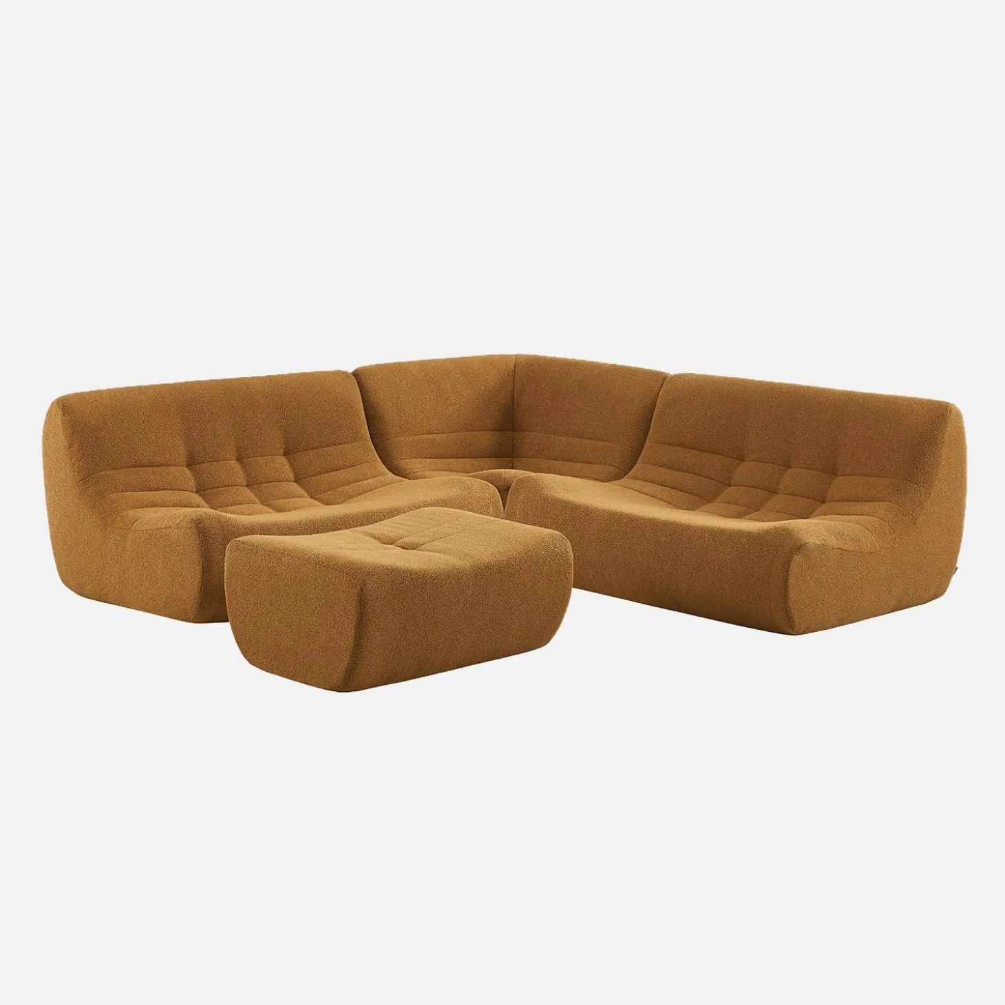Sofá de canto modular com apoio para os pés em tecido bouclé, 5 lugares