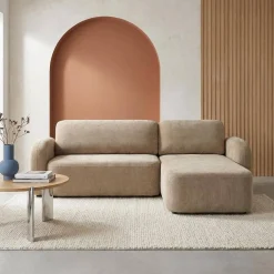 Sofá de canto reversível com chaise longue, cama e baú, 3 lugares