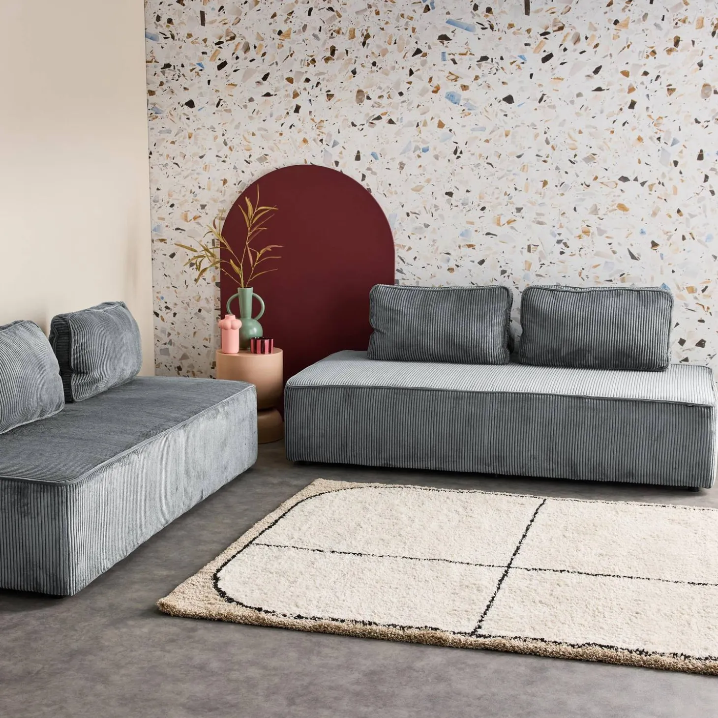 Sofá modular em veludo canelado, 4 lugares