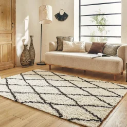 Tapete interior shaggy, estilo berbere, branco e preto